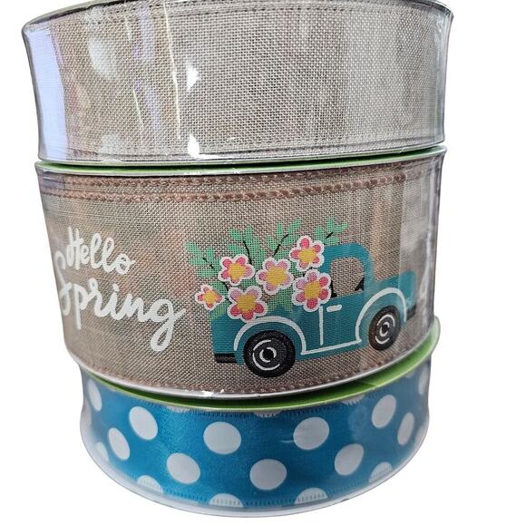 Members Mark Ribbon 50 Yards Wired Spring 1.5" 2.5" 3 Set Blue Truck Polka Dot B - Picture 1 of 7